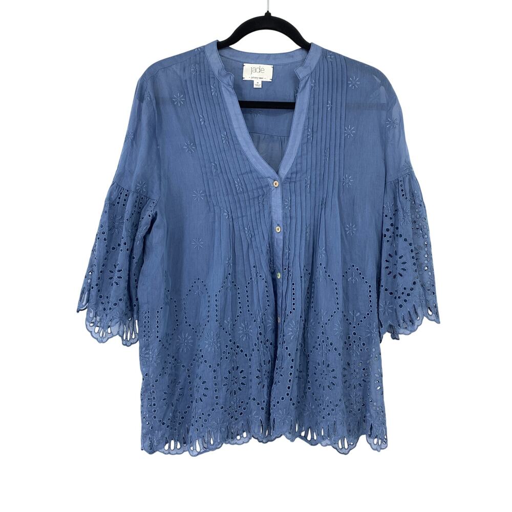 Jade Johnny Was Top Womens Sz M Blue Sheer Eyelet Embroidery Tiered Bell Sleeves